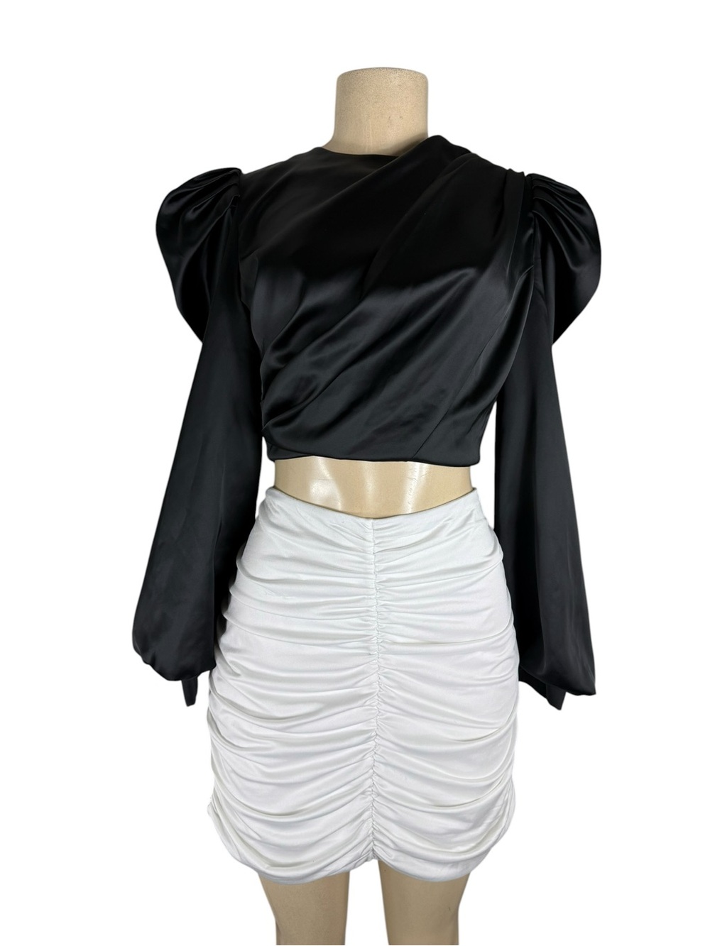 ANTHROPOLOGIE MARE MARE Black Satin Puff Sleeve Crop Top Size XS - Picture 4 of 7